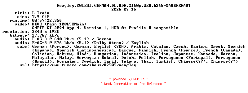 NFO for the release Neagley.S01E01.GERMAN.DL.HDR.2160p.WEB.h265-SAUERKRAUT by SAUERKRAUT