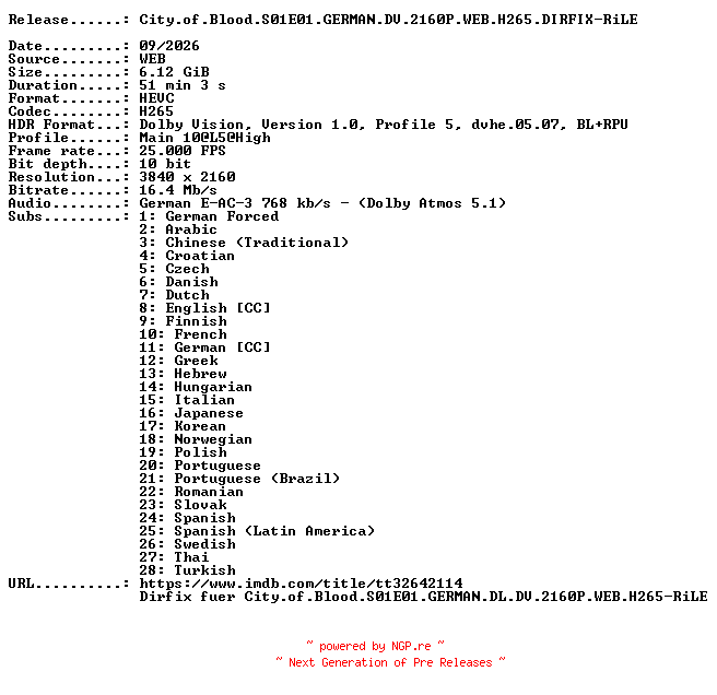 NFO for the release City.of.Blood.S01E01.GERMAN.DV.2160P.WEB.H265.DIRFIX-RiLE by RiLE