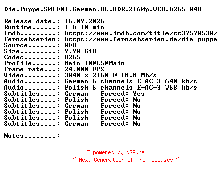 NFO for the release Die.Puppe.S01E01.German.DL.HDR.2160p.WEB.h265-W4K by W4K