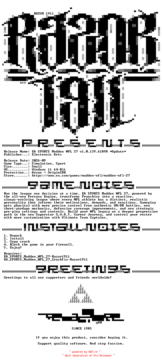 NFO for the release EA_SPORTS_Madden_NFL_27_Update_v1.0.139.61898-RazorDOX by RazorDOX