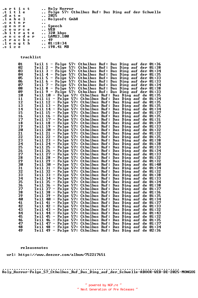 NFO for the release Holy_Horror-Folge_57_Cthulhus_Ruf_Das_Ding_auf_der_Schwelle-ABOOK-WEB-DE-2025-MONGOS by MONGOS