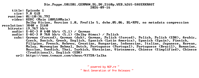 NFO for the release Die.Puppe.S01E01.GERMAN.DL.DV.2160p.WEB.h265-SAUERKRAUT by SAUERKRAUT