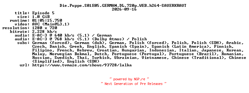 NFO for the release Die.Puppe.S01E05.GERMAN.DL.720p.WEB.h264-SAUERKRAUT by SAUERKRAUT