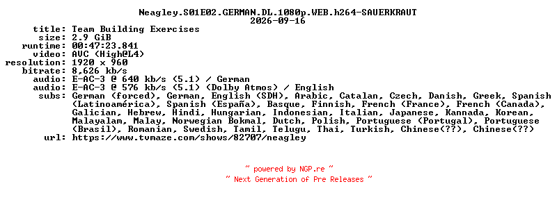 NFO for the release Neagley.S01E02.GERMAN.DL.1080p.WEB.h264-SAUERKRAUT by SAUERKRAUT