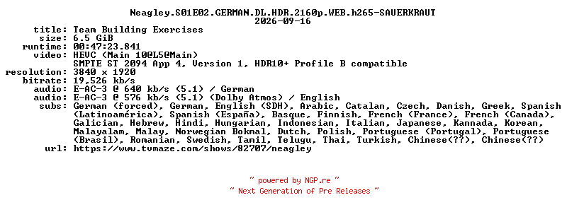 NFO for the release Neagley.S01E02.GERMAN.DL.HDR.2160p.WEB.h265-SAUERKRAUT by SAUERKRAUT