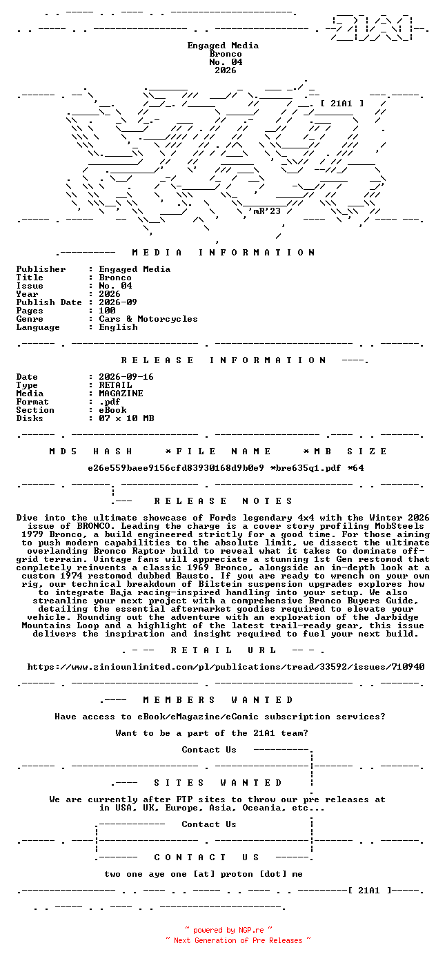 NFO for the release Bronco.No.04.2026.RETAIL.MAGAZINE.eBook-21A1 by 21A1