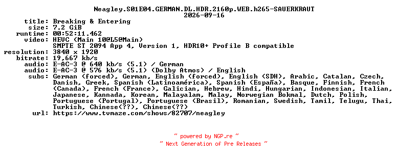 NFO for the release Neagley.S01E04.GERMAN.DL.HDR.2160p.WEB.h265-SAUERKRAUT by SAUERKRAUT