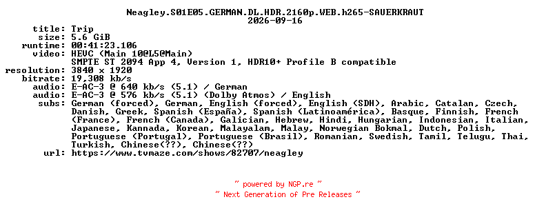 NFO for the release Neagley.S01E05.GERMAN.DL.HDR.2160p.WEB.h265-SAUERKRAUT by SAUERKRAUT