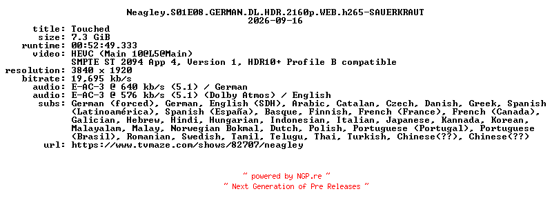 NFO for the release Neagley.S01E08.GERMAN.DL.HDR.2160p.WEB.h265-SAUERKRAUT by SAUERKRAUT