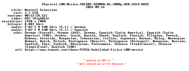 NFO for the release Physical.100.Mexico.S01E02.GERMAN.DL.1080p.WEB.h264-HAXE by HAXE