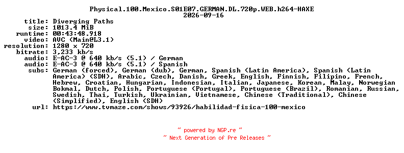 NFO for the release Physical.100.Mexico.S01E07.GERMAN.DL.720p.WEB.h264-HAXE by HAXE