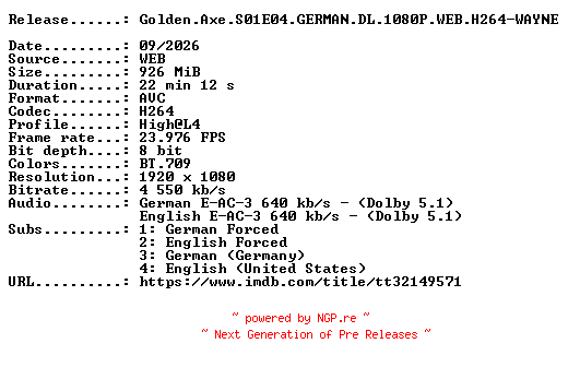 NFO for the release Golden.Axe.S01E04.GERMAN.DL.1080P.WEB.H264-WAYNE by WAYNE
