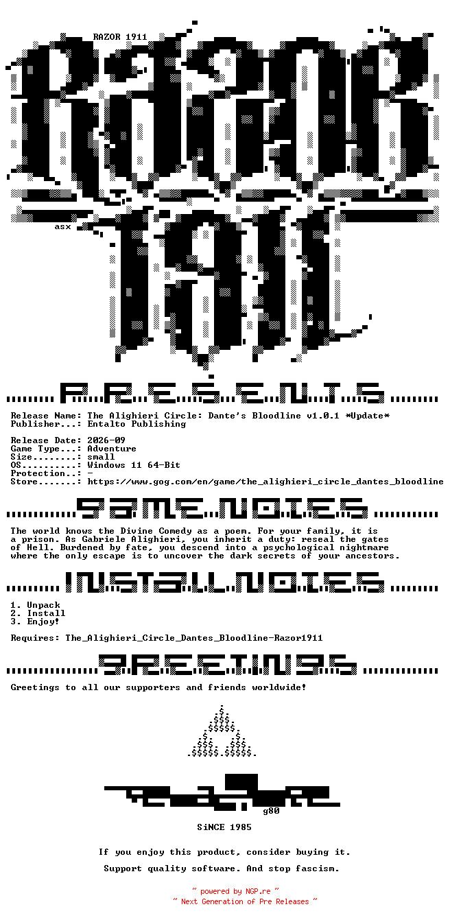 NFO for the release The_Alighieri_Circle_Dantes_Bloodline_Update_v1.0.1-RazorDOX by RazorDOX