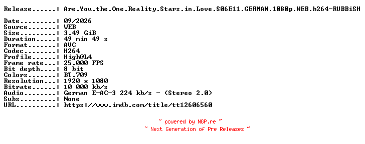 NFO for the release Are.You.the.One.Reality.Stars.in.Love.S06E11.GERMAN.1080p.WEB.h264-RUBBiSH by RUBBiSH