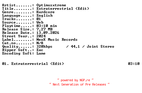 NFO for the release Optimusxtreme-Extraterrestrial_(Edit)-SINGLE-WEB-2024-XTC_iNT by XTC_iNT