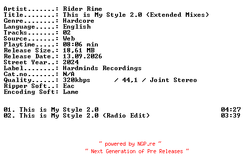NFO for the release Rider_Rime-This_is_My_Style_20_(Extended_Mixes)-WEB-2024-XTC_iNT by XTC_iNT