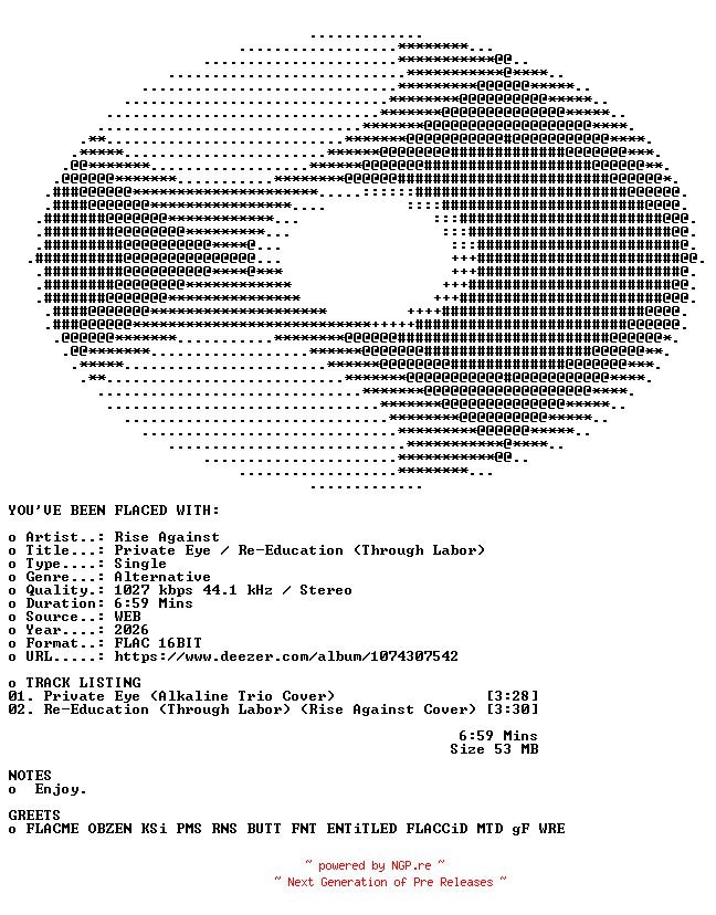 NFO for the release Rise_Against_Alkaline_Trio-Private_Eye_Re-Education_(Through_Labor)-SINGLE-16BIT-WEB-FLAC-2026-FLACED by FLACED