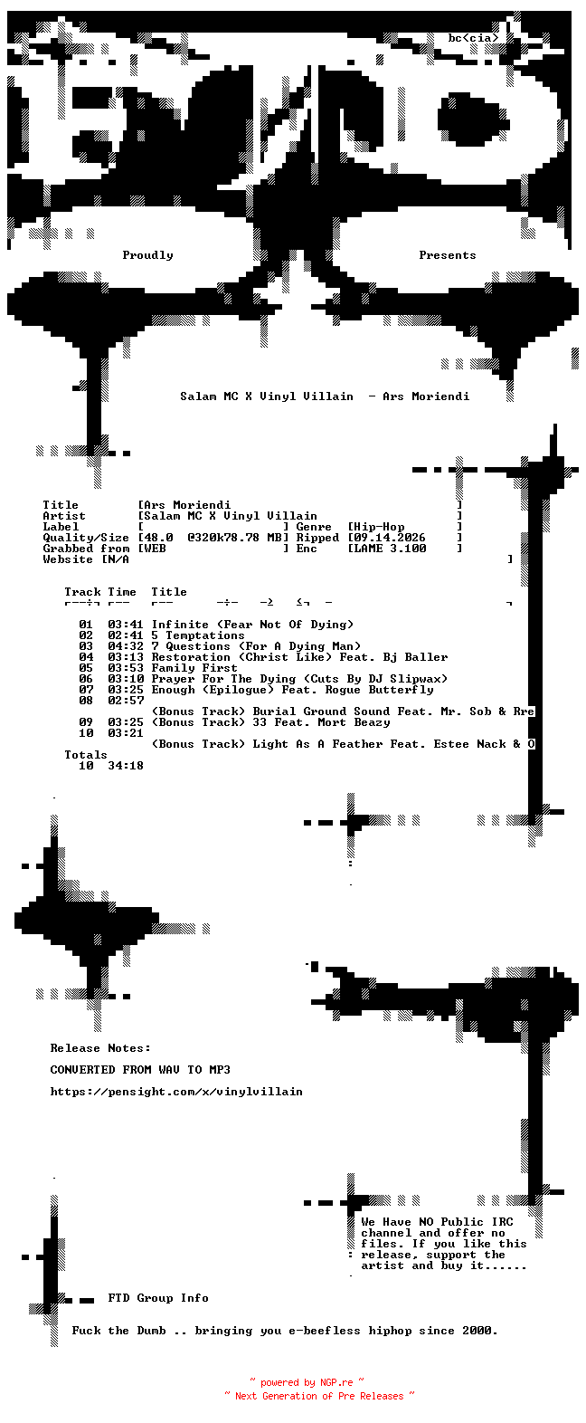 NFO for the release Salam_MC_x_Vinyl_Villain-Ars_Moriendi-WEB-2026-FTD by FTD