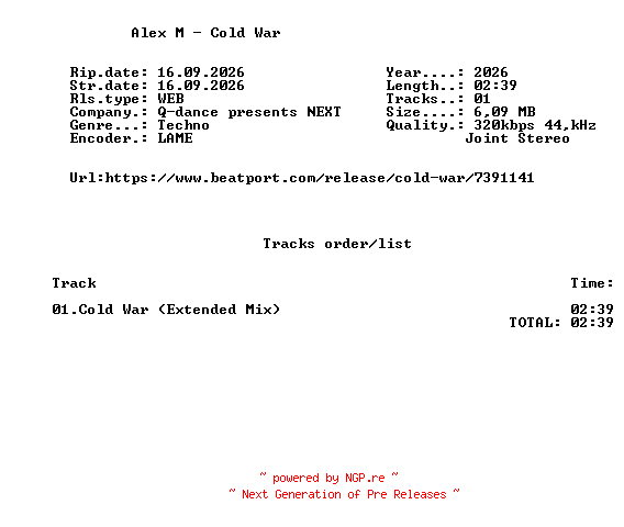 NFO for the release Alex_M_-_Cold_War-(NEXT229PRO)-SINGLE-WEB-2026-FMC by FMC
