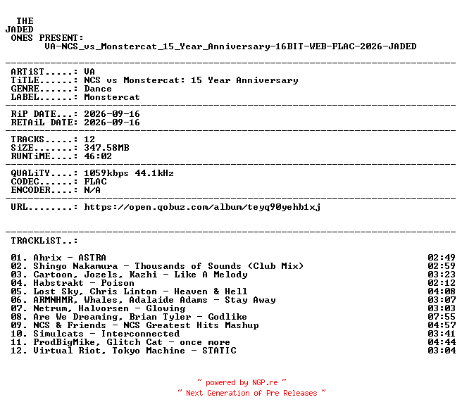 NFO for the release VA-NCS_vs_Monstercat_15_Year_Anniversary-16BIT-WEB-FLAC-2026-JADED by JADED