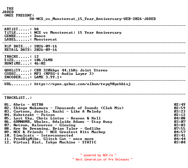 NFO for the release VA-NCS_vs_Monstercat_15_Year_Anniversary-WEB-2026-JADED by JADED