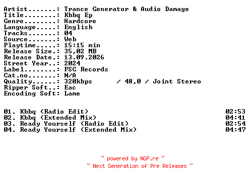 NFO for the release Trance_Generator_and_Audio_Damage-Kbbq_EP-WEB-2024-XTC_iNT by XTC_iNT
