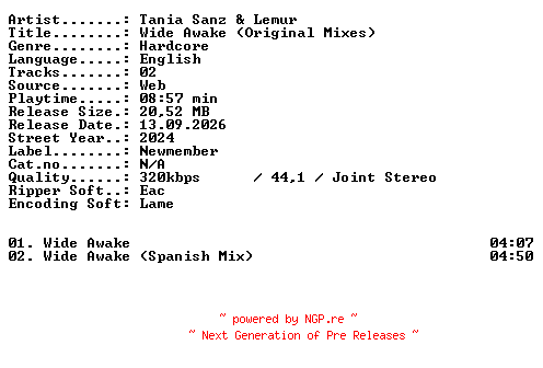NFO for the release Tania_Sanz_and_Lemur-Wide_Awake_(Original_Mixes)-WEB-2024-XTC_iNT by XTC_iNT
