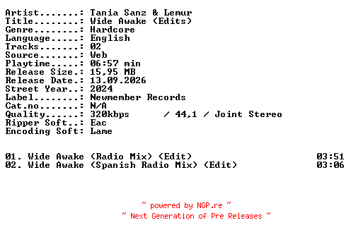 NFO for the release Tania_Sanz_and_Lemur-Wide_Awake_(Edits)-WEB-2024-XTC_iNT by XTC_iNT