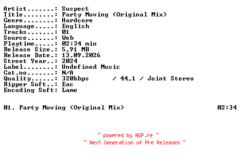 NFO for the release Suspect-Party_Moving_(Original_Mix)-SINGLE-WEB-2024-XTC_iNT by XTC_iNT