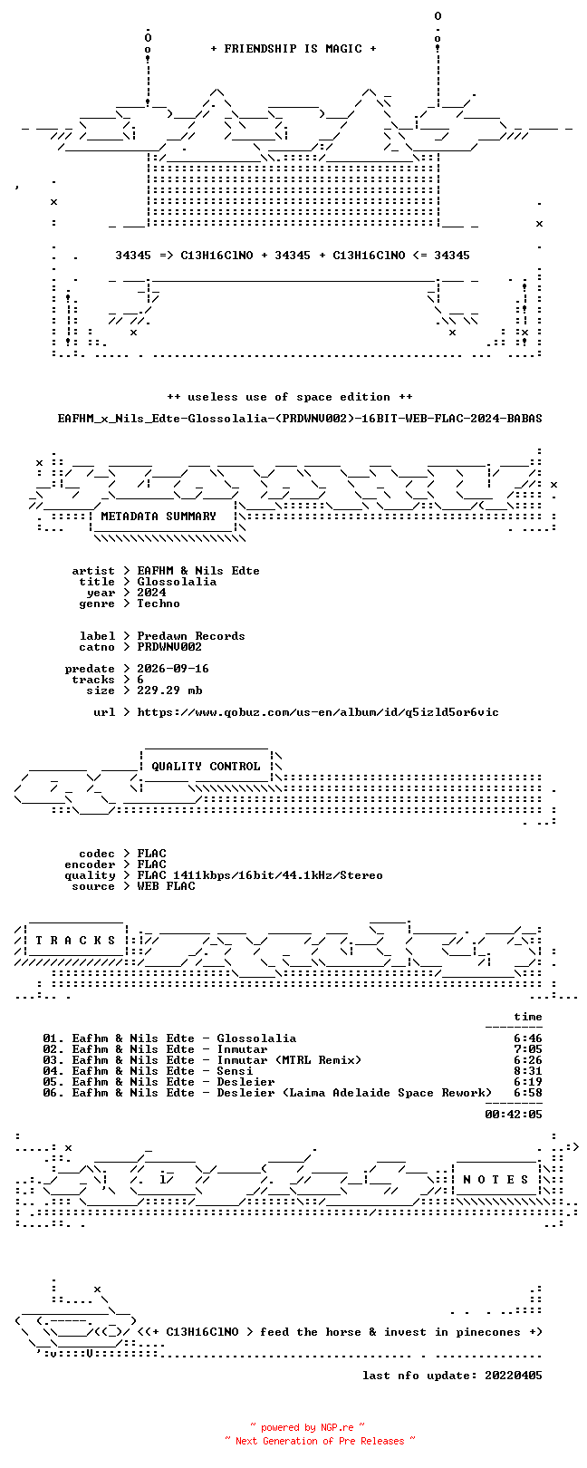 NFO for the release EAFHM_x_Nils_Edte-Glossolalia-(PRDWNV002)-16BIT-WEB-FLAC-2024-BABAS by BABAS