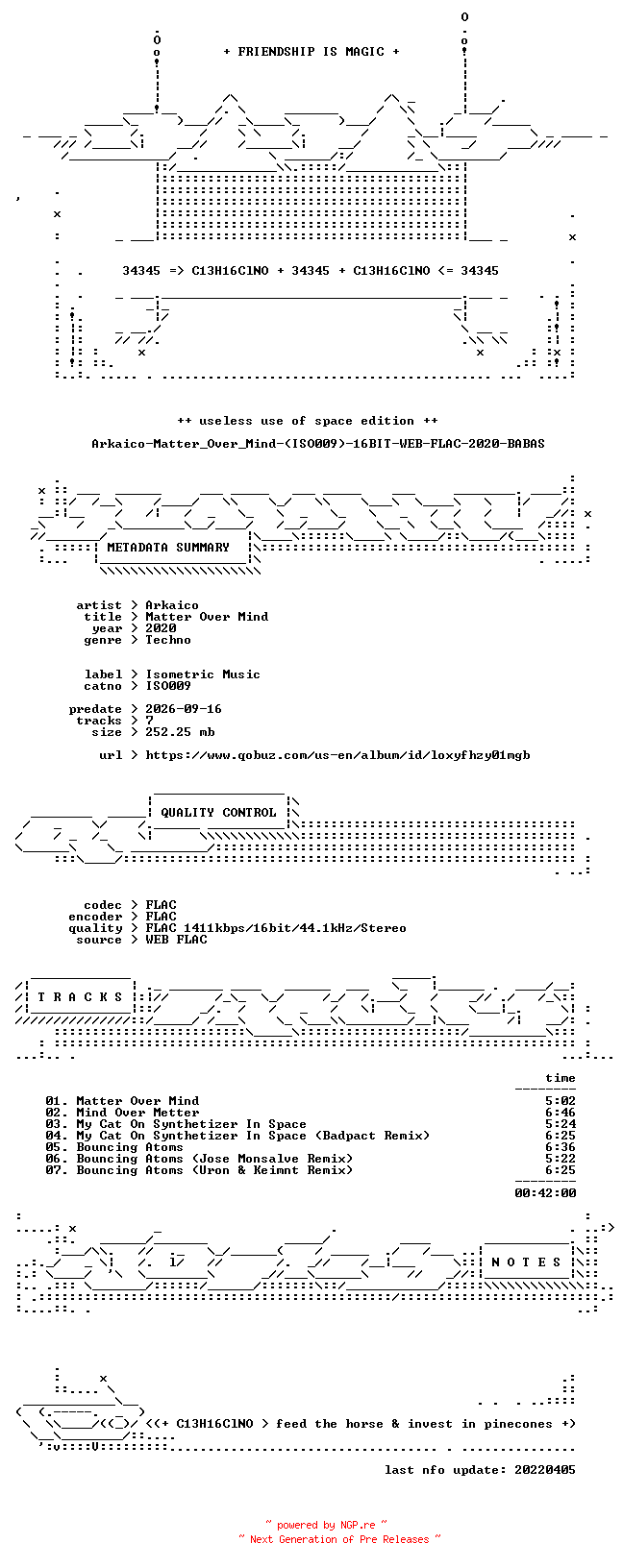 NFO for the release Arkaico-Matter_Over_Mind-(ISO009)-16BIT-WEB-FLAC-2020-BABAS by BABAS