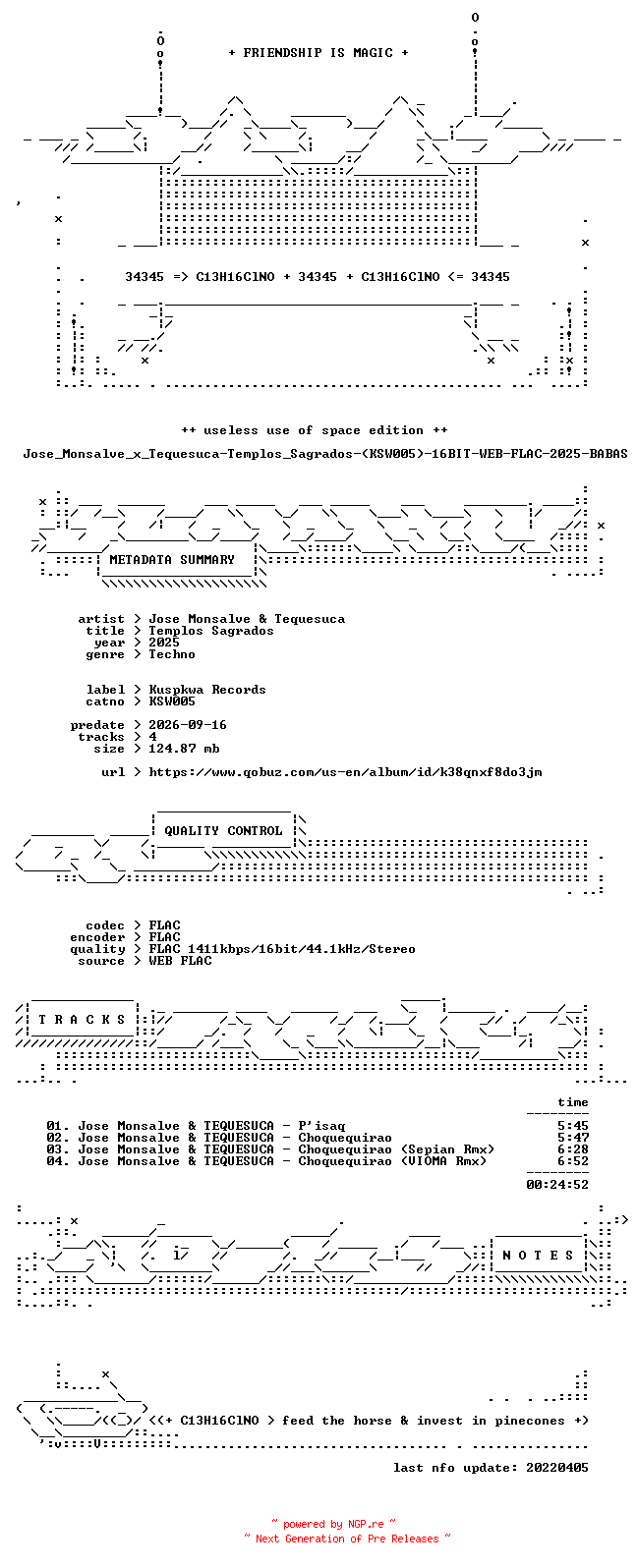 NFO for the release Jose_Monsalve_x_Tequesuca-Templos_Sagrados-(KSW005)-16BIT-WEB-FLAC-2025-BABAS by BABAS