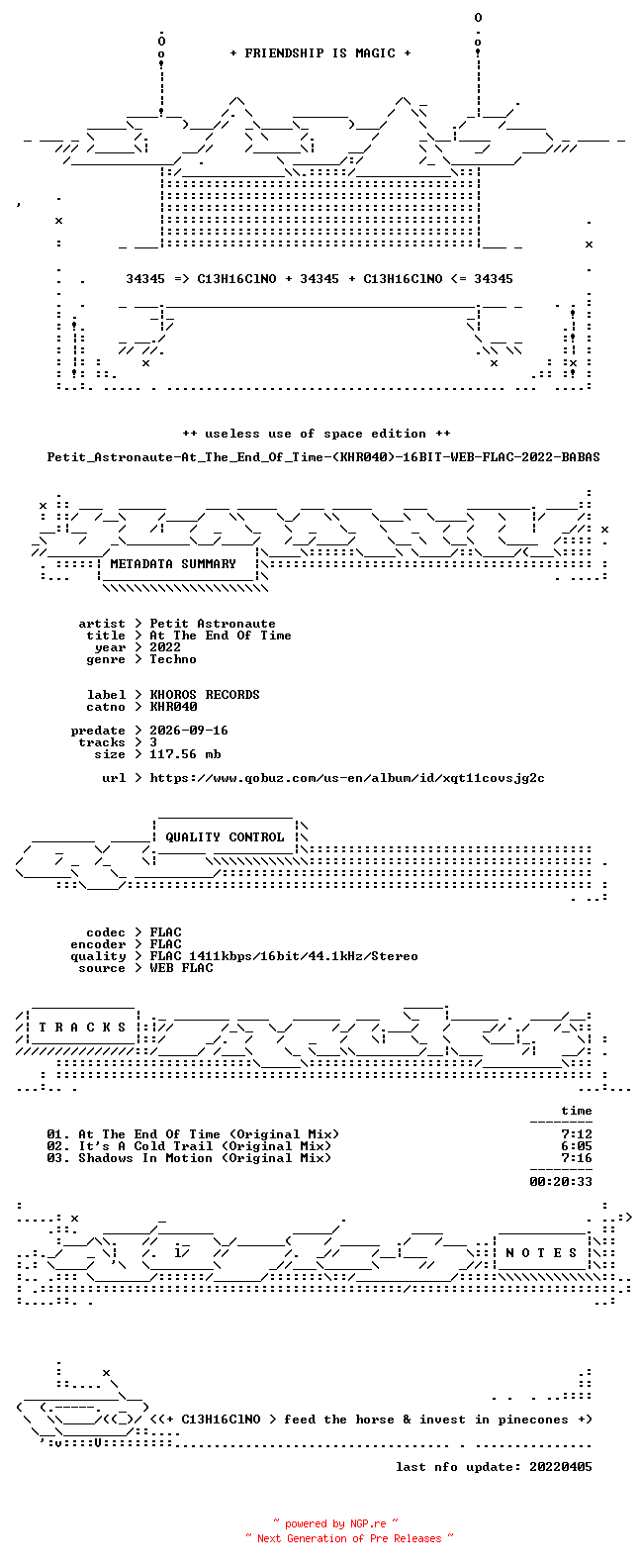 NFO for the release Petit_Astronaute-At_The_End_Of_Time-(KHR040)-16BIT-WEB-FLAC-2022-BABAS by BABAS