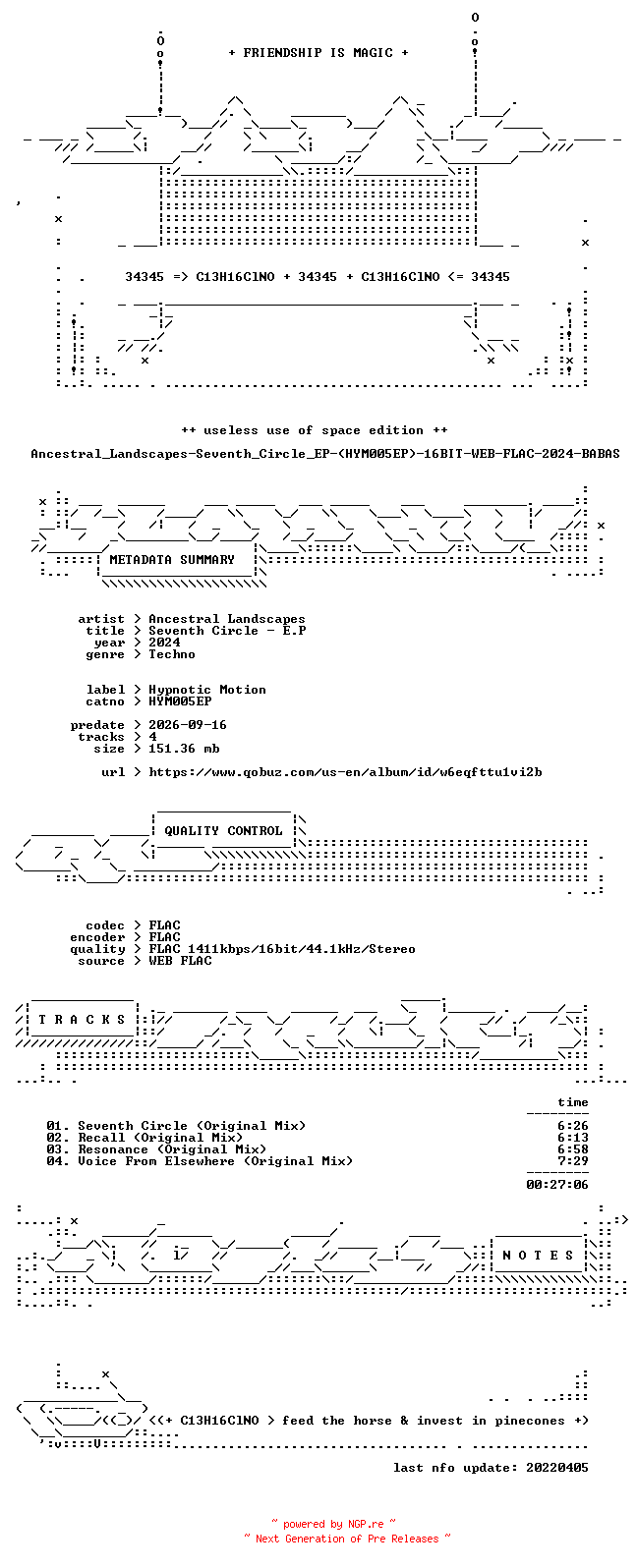 NFO for the release Ancestral_Landscapes-Seventh_Circle_EP-(HYM005EP)-16BIT-WEB-FLAC-2024-BABAS by BABAS