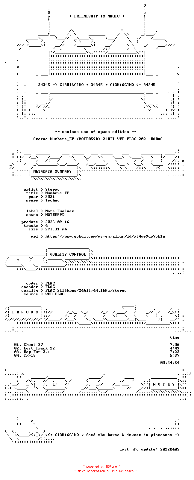 NFO for the release Sterac-Numbers_EP-(MOTE059D)-24BIT-WEB-FLAC-2021-BABAS by BABAS