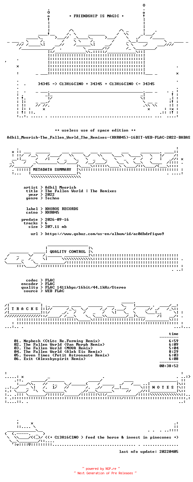 NFO for the release Adhil_Moorish-The_Fallen_World_The_Remixes-(KHR045)-16BIT-WEB-FLAC-2022-BABAS by BABAS