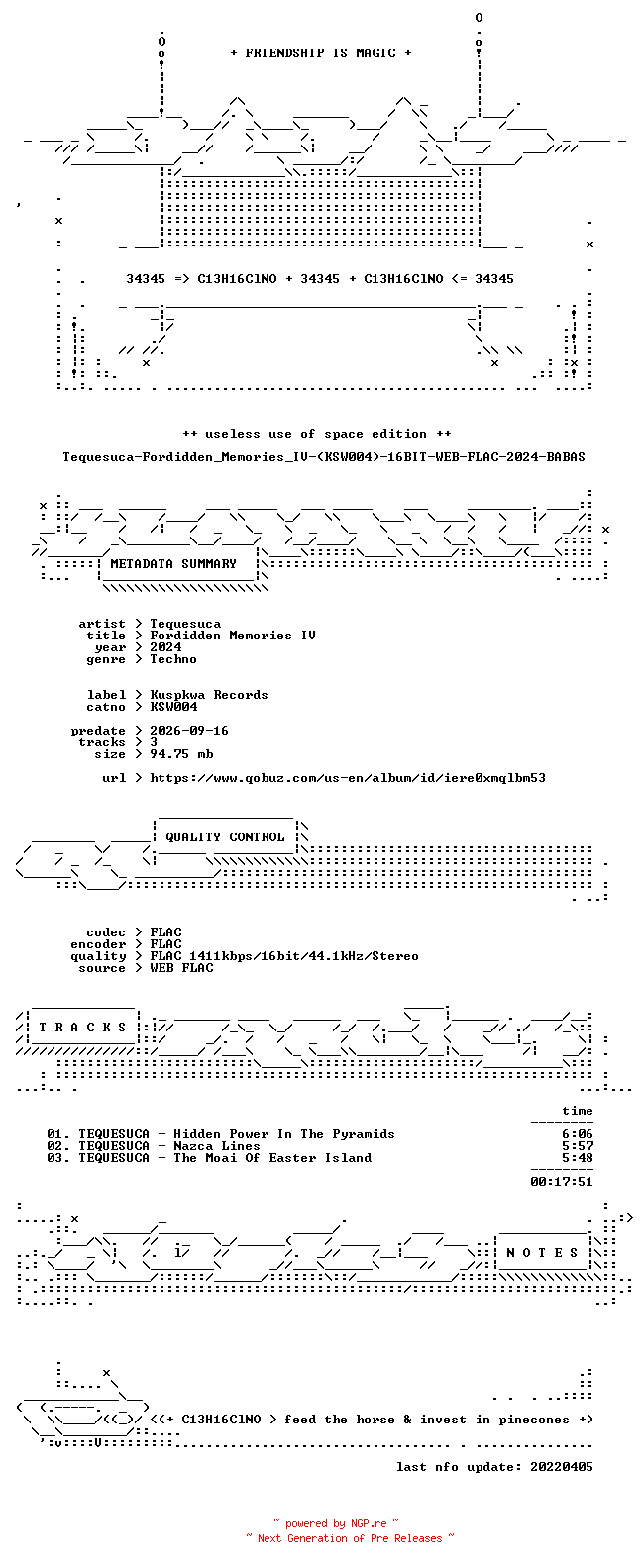 NFO for the release Tequesuca-Fordidden_Memories_IV-(KSW004)-16BIT-WEB-FLAC-2024-BABAS by BABAS