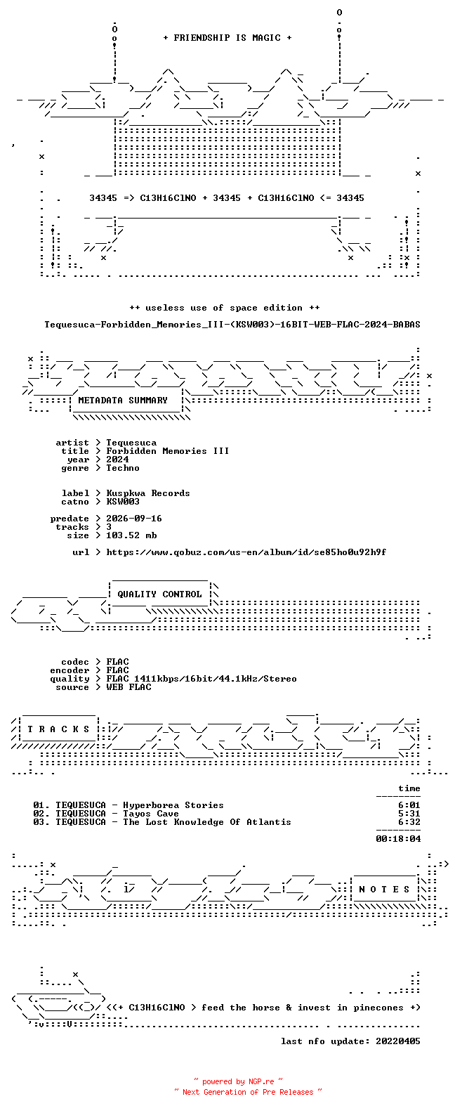 NFO for the release Tequesuca-Forbidden_Memories_III-(KSW003)-16BIT-WEB-FLAC-2024-BABAS by BABAS