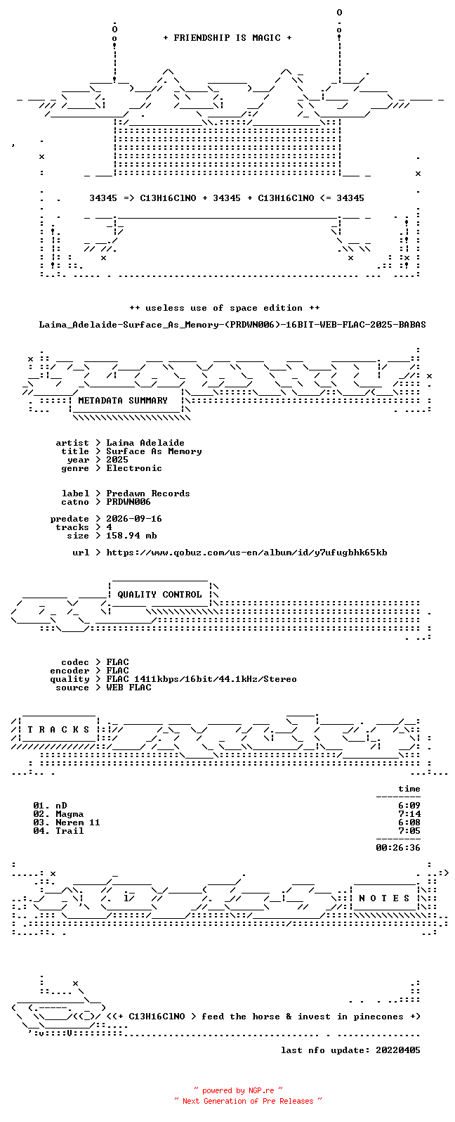 NFO for the release Laima_Adelaide-Surface_As_Memory-(PRDWN006)-16BIT-WEB-FLAC-2025-BABAS by BABAS