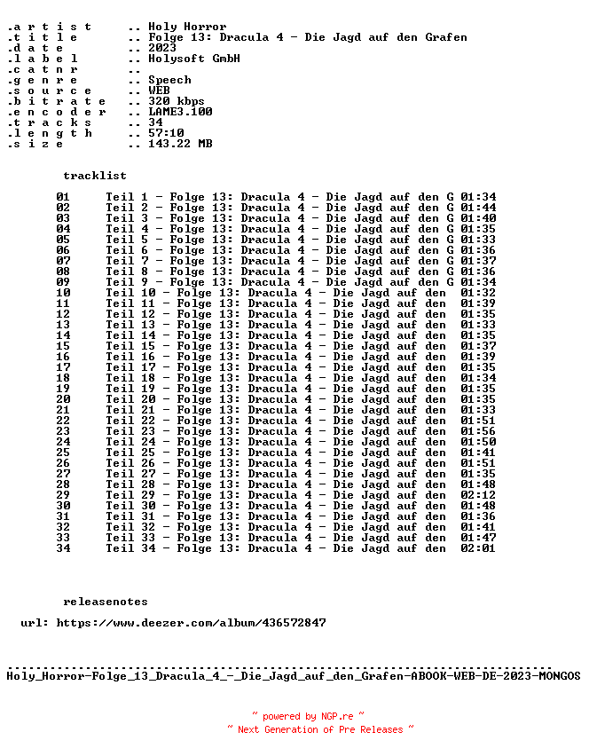 NFO for the release Holy_Horror-Folge_13_Dracula_4_-_Die_Jagd_auf_den_Grafen-ABOOK-WEB-DE-2023-MONGOS by MONGOS