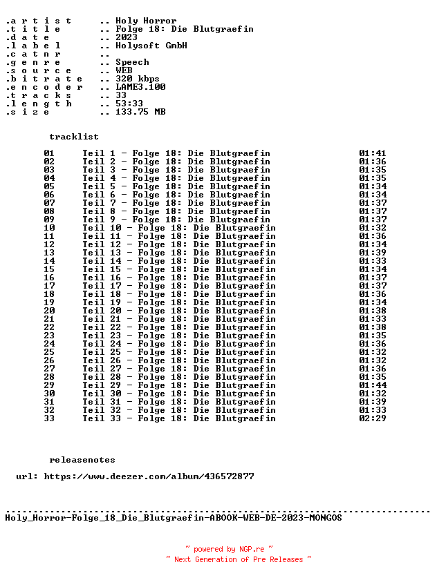 NFO for the release Holy_Horror-Folge_18_Die_Blutgraefin-ABOOK-WEB-DE-2023-MONGOS by MONGOS