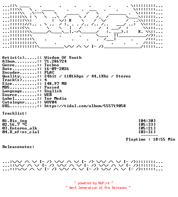 NFO for the release Wisdom_Of_Youth-71.286724-WOY04-16BIT-WEB-FLAC-2026-WAVED by WAVED