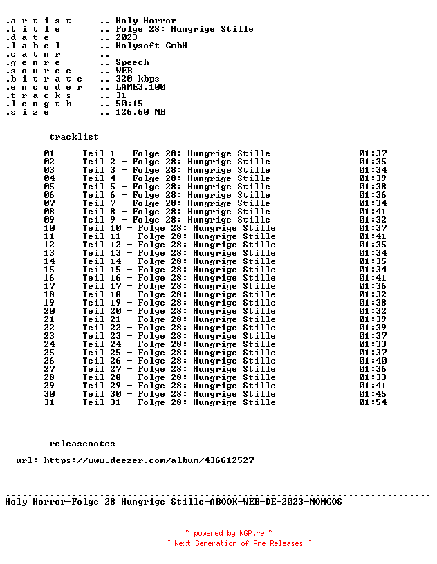 NFO for the release Holy_Horror-Folge_28_Hungrige_Stille-ABOOK-WEB-DE-2023-MONGOS by MONGOS