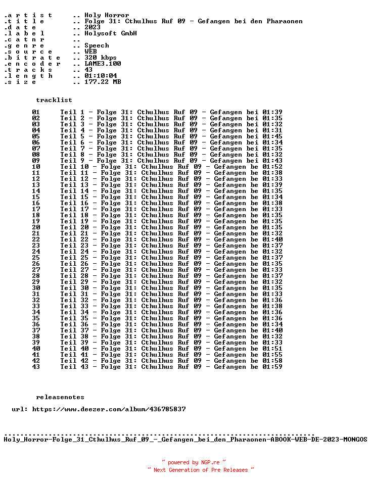 NFO for the release Holy_Horror-Folge_31_Cthulhus_Ruf_09_-_Gefangen_bei_den_Pharaonen-ABOOK-WEB-DE-2023-MONGOS by MONGOS