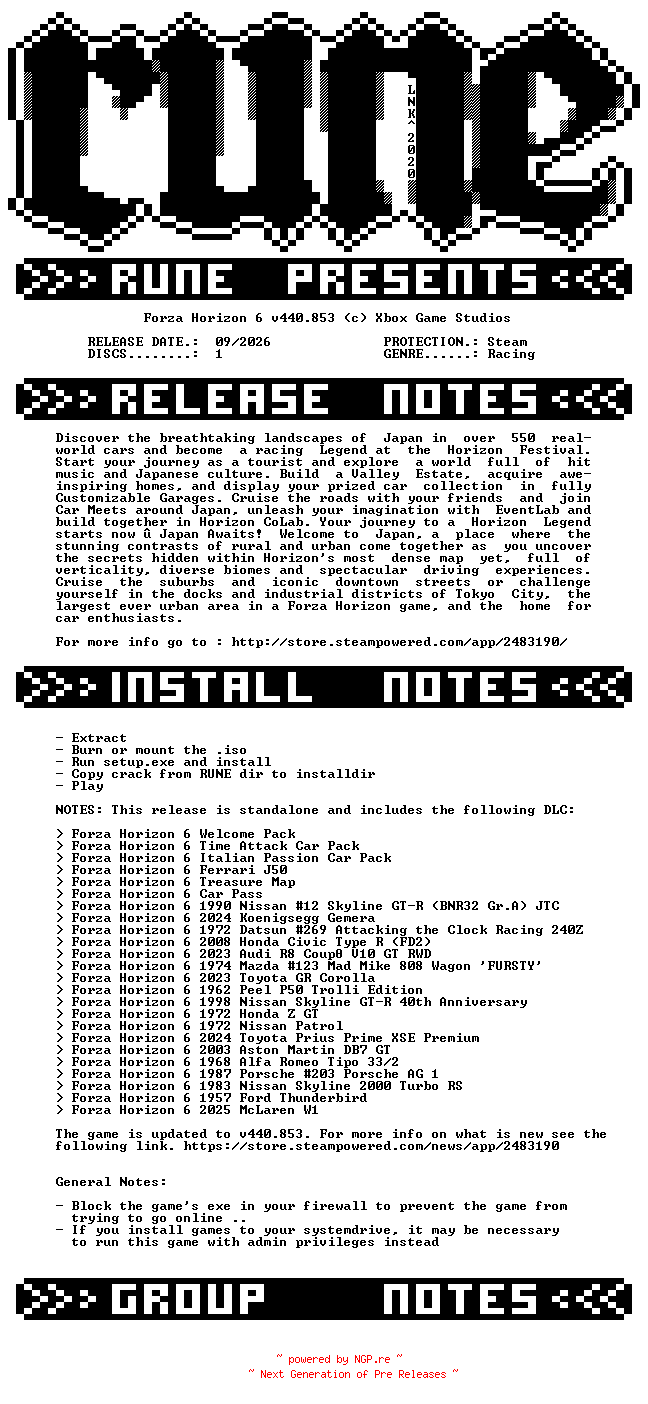 NFO for the release Forza.Horizon.6.v440.853-RUNE by RUNE