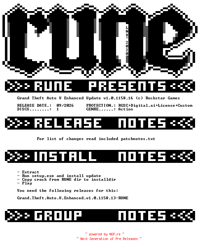 NFO for the release Grand.Theft.Auto.V.Enhanced.Update.v1.0.1158.16-RUNE by RUNE