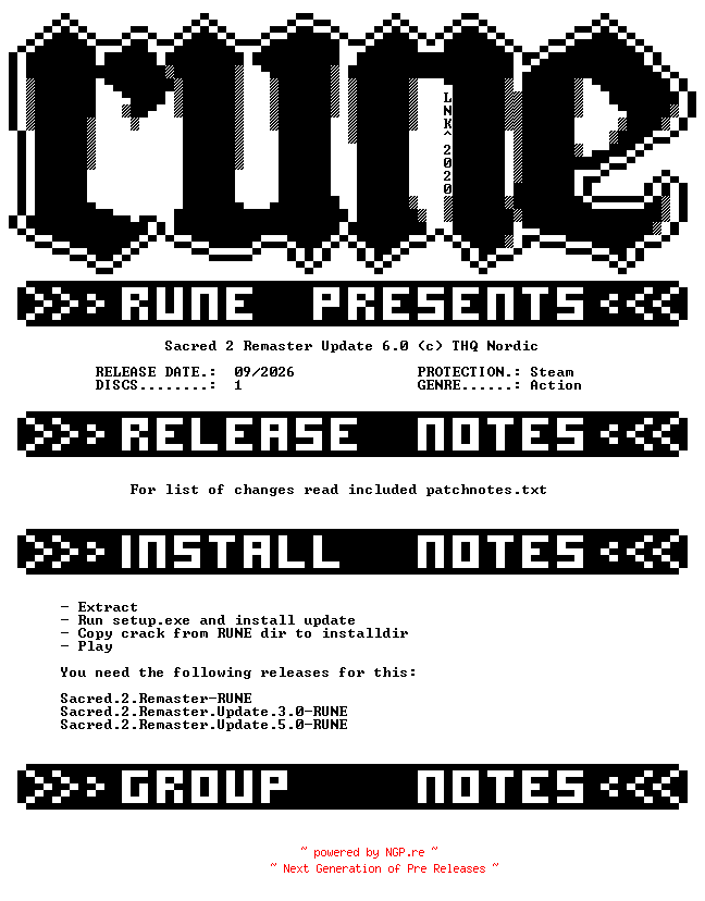 NFO for the release Sacred.2.Remaster.Update.6.0-RUNE by RUNE