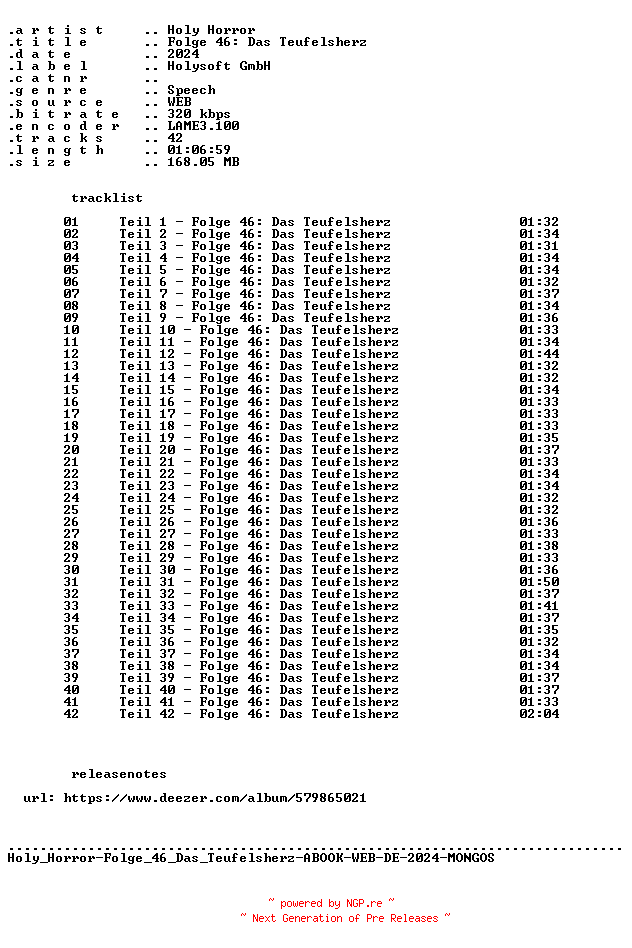 NFO for the release Holy_Horror-Folge_46_Das_Teufelsherz-ABOOK-WEB-DE-2024-MONGOS by MONGOS