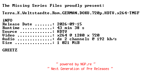 NFO for the release Terra.X.Weltstaedte.Rom.GERMAN.DOKU.720p.HDTV.x264-TMSF by TMSF