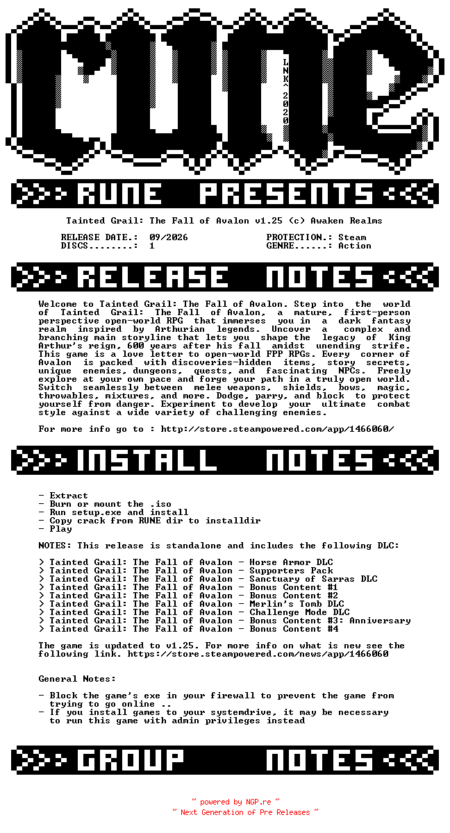 NFO for the release Tainted.Grail.The.Fall.of.Avalon.v1.25-RUNE by RUNE